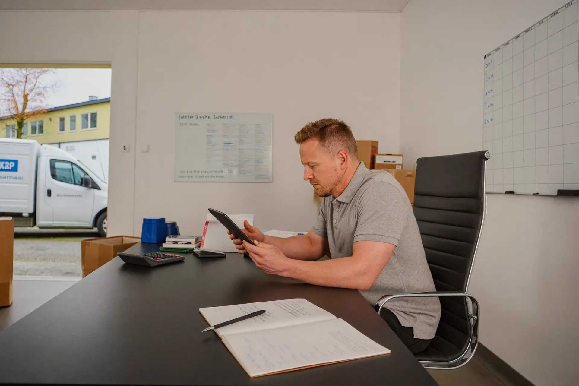 Mann sitzt am Tisch und arbeitet am Tablet