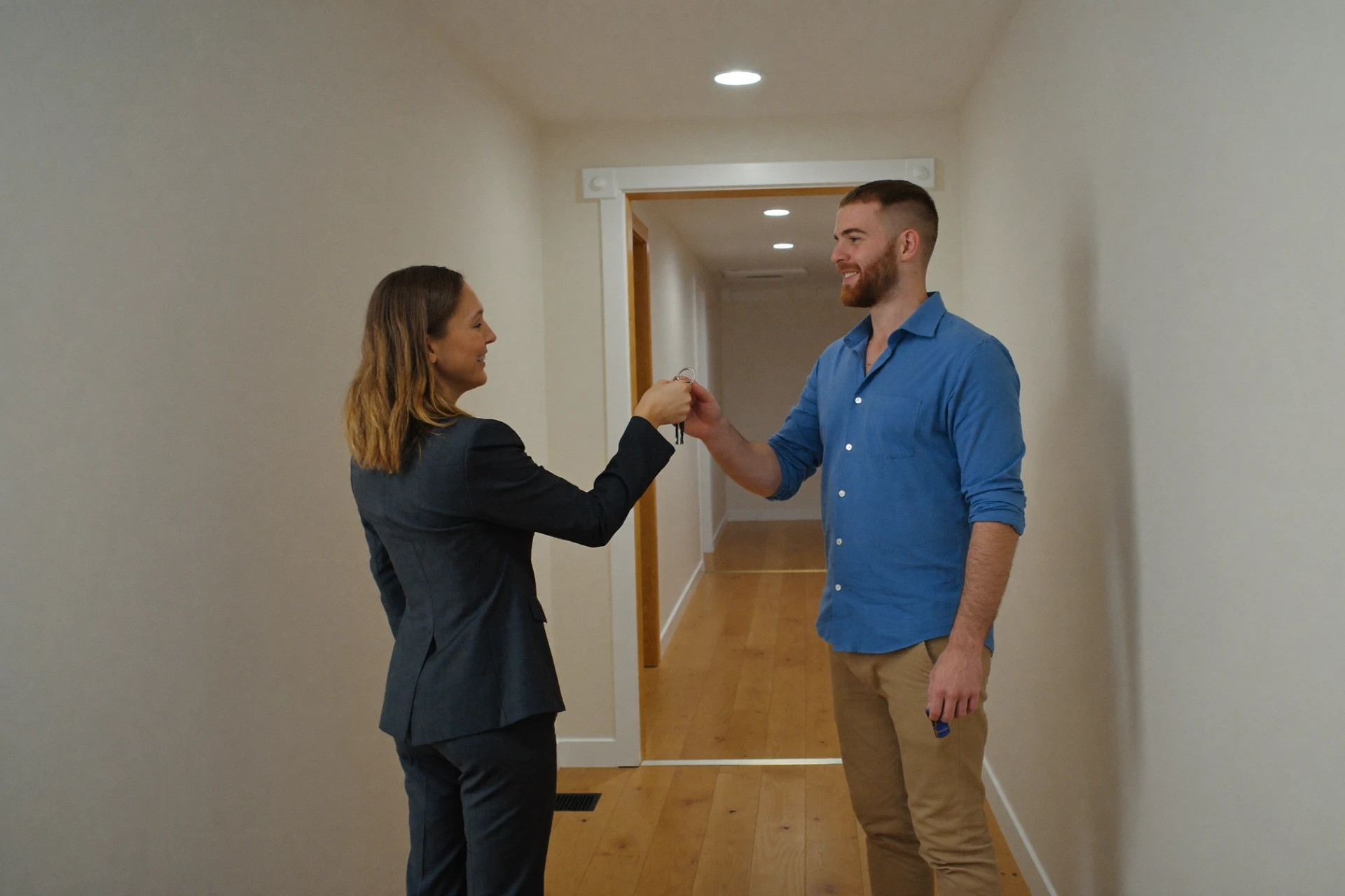 Schlüsselübergabe im Flur der neuen Wohnung
